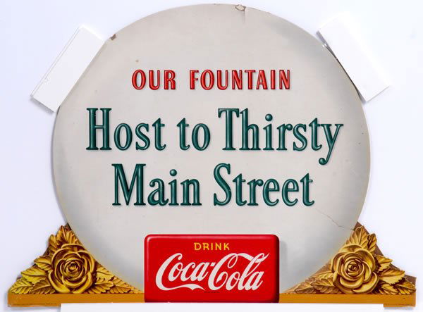 1950 MAIN STREET COCA-COLA FESTOON ELEMENTS: 18" x 24" ea. piece approx. Short tears and medium bends on the center piece, with edge bends and mild surface wear on the girls, along with tiny tack holes at bottom borders. Condition 7.5 to 8.3 / V