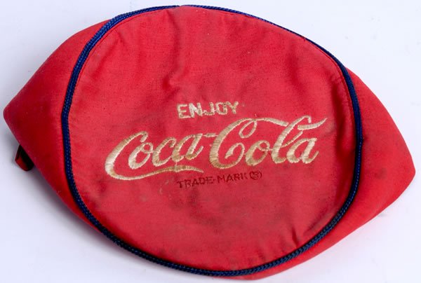 RARE COCA-COLA SPRITE BOY STYLE BUTTON CAP: Circa 1940s. Soiled from use, but is heavily made and would tolerate cleaning and preservation very well. Condition 7 to 7.5 / VG