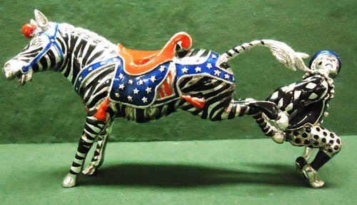 GENE MOORE CIRCUS DONKEY KICKING CLOWN: sterling & enamel; 6" in length; VG-EX