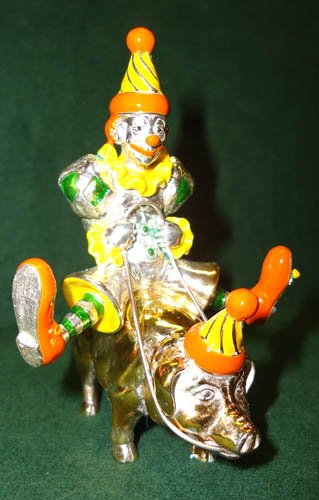 GENE MOORE CIRCUS CLOWN ON PIG: sterling, enamel, & vermeil; 4" in height; VG-EX