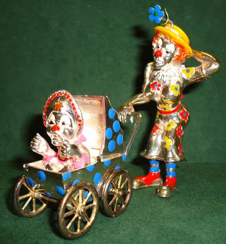 GENE MOORE CIRCUS CLOWN, BABY & CARRIAGE: sterling & enamel; detachable clown & baby is removable; 3 1/2 in height; VG-EX