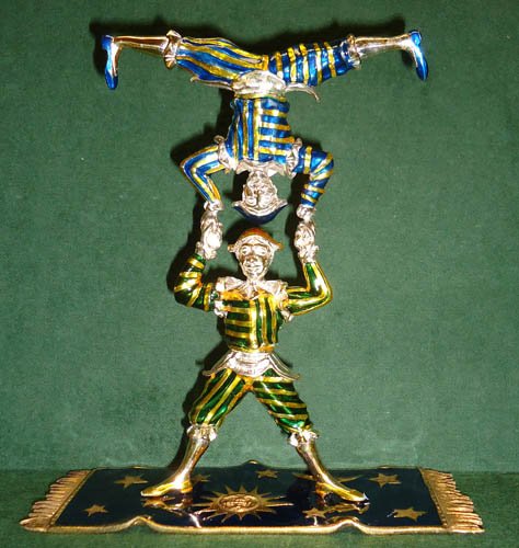 GENE MOORE CIRCUS BALANCING JESTERS: sterling & enamel & vermeil; includes sterling enamel & vermeil carpet, 5 3/4" in height; VG-EX
