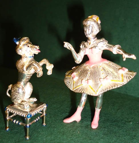 GENE MOORE CIRCUS POODLE & TRAINER: sterling & enamel; includes stool; 3" in height; VG-EX