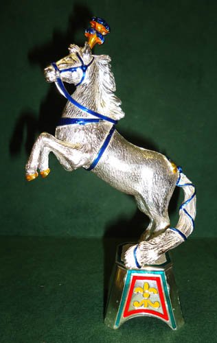GENE MOORE CIRCUS HORSE ON PLATFORM: sterling & enamel; 6" in height; VG-EX