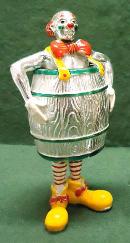 GENE MOORE CIRCUS CLOWN IN BARREL: sterling & enamel; 3 1/4" in height; VG-EX