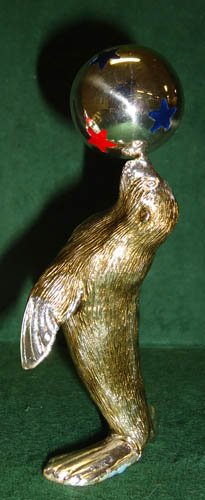 GENE MOORE CIRCUS SEAL W/BALL: sterling & enamel; 4' in height; VG-EX