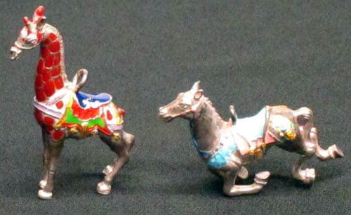 GENE MOORE CIRCUS GIRAFFE & HORSE KEYCHAINS (2): sterling and enamel; 1 1/2-2 1/4" in height; VG-EX