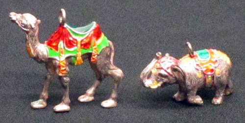 GENE MOORE CIRCUS ELEPHANT & CAMEL KEYCHAINS (2): sterling & enamel; 1"-1 1/2" in height; VG-EX