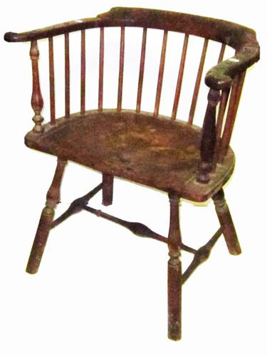 WINDSOR CHAIR: oak & mixed wood; saddle seat; small piece missing out of arm; needs restoration; 29" x 27"; F
