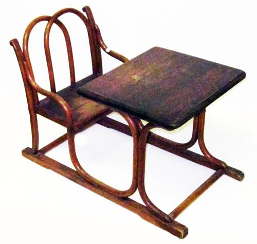 THONET CHILD'S DESK: Integral; bent wood; stamped on runner; H-22", L-32", G