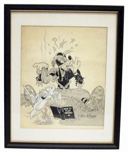ORIGINAL DISNEY GOOFY ARTWORK: Inscription below drawing in faded blue ink "Watch for Disney's Forthcoming Shorts Production" "How to Play Football"; matted framed; minor spots; 15" x 12 1/2; VG