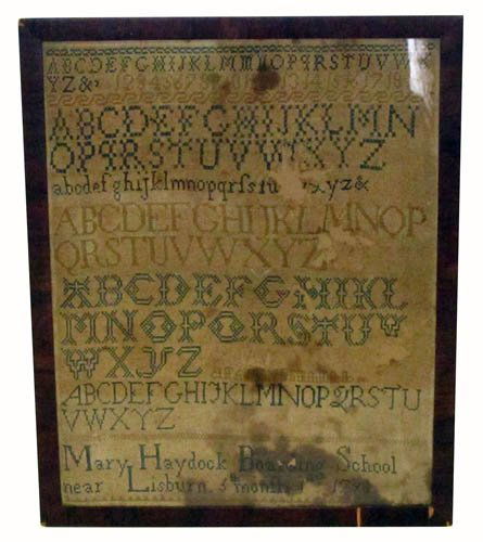 SAMPLER - ALPHABET: "Mary Haydock Boarding School Near Lisburn 1798"; toned; lower stains and losses; 16" x 13", P