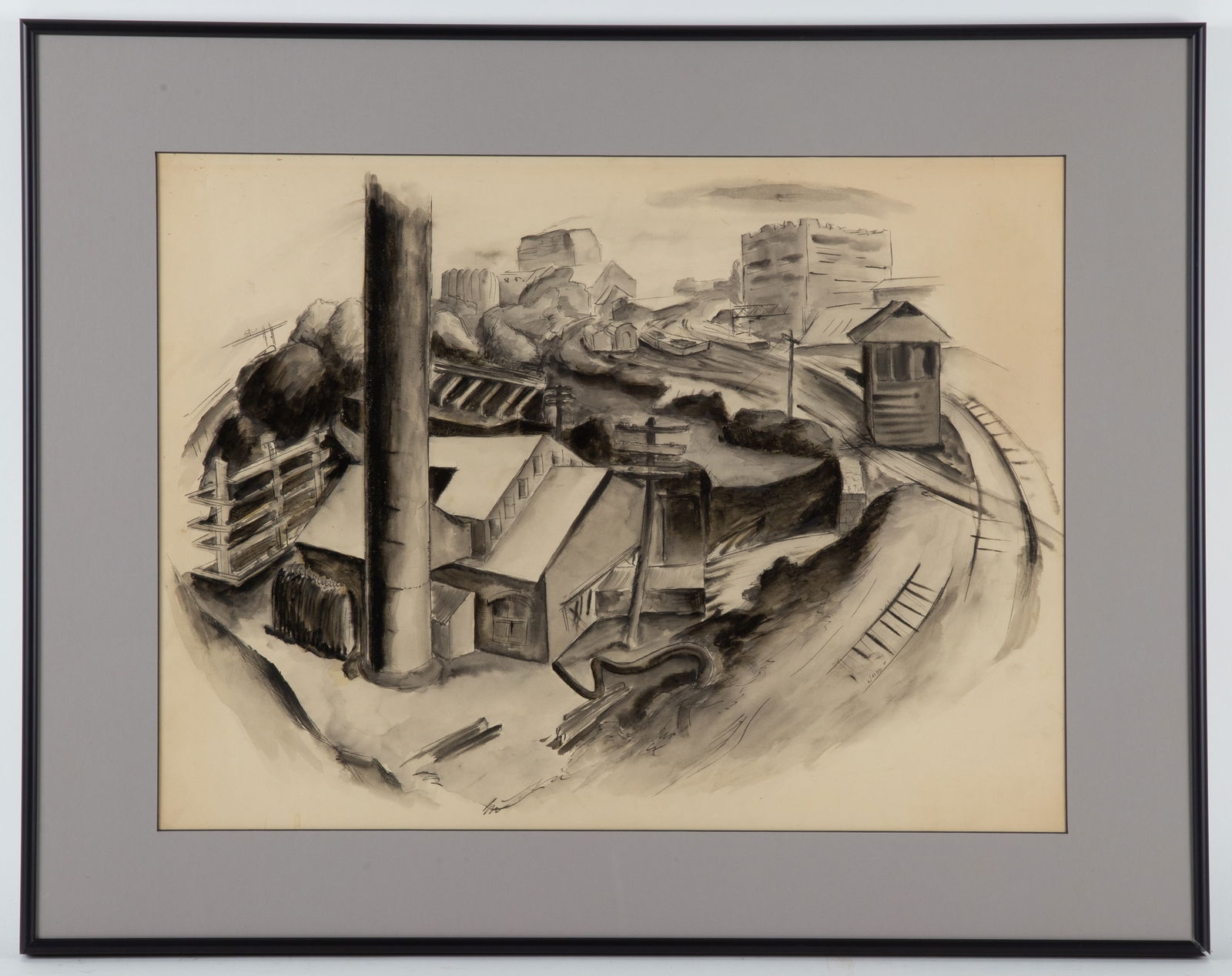 1930’S INDUSTRIAL FACTORY ORIGINAL ART, BALTIMORE ARTIST JULES: Mervin M. Jules, (1914-1994), “Factory with Railroad Tracks”, 1934, Pen and Ink on Bristol Board, signed “Jules” lower mid-right, Image Size: 18” x 22 ¾”, Fram