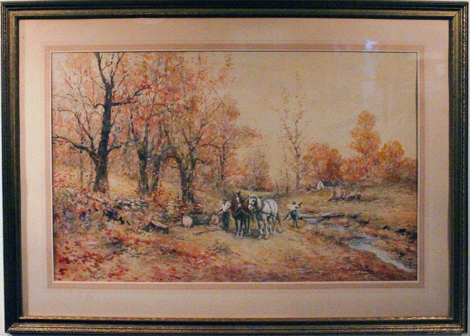 CLAGHORN WATERCOLOR: Logging watercolor, signed lower right; normal wear; matted and framed; 20" x 32", VG-EX