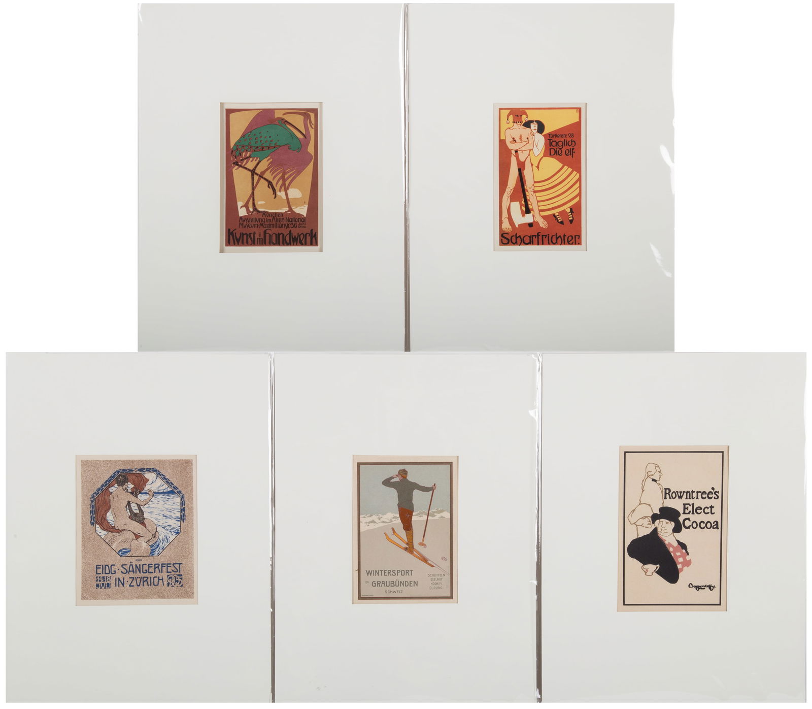(5) 1920’S PRINTS DEUTCHE KUNST UND DEKORATION: Group of Five Pochoir Prints from Deutche Kunst Und Dekoration, ca.1920, Miniature Posters of Various Sizes; Paper Size 11 ¾” x 8”; Image 1: Prof. Bruno Paul: Berlin mid lower right;