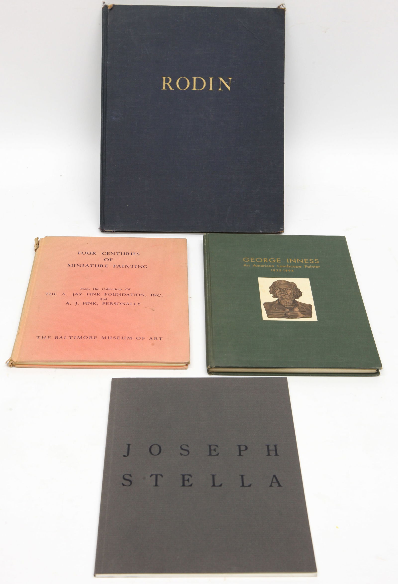 (4) BOOKS ON PAINTING and ART: (1) "Rodin", Adams, 1945; (1) "George Inness" McCausland, 1946; (1) "Four Centuries of Miniature Painting 1958-1959" BMA, autographed by Jay Fink; (1) "Joseph Stella" Pensler Galleries, 1990; all hard