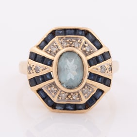 AQUAMARINE, SAPPHIRE AND DIAMOND RING