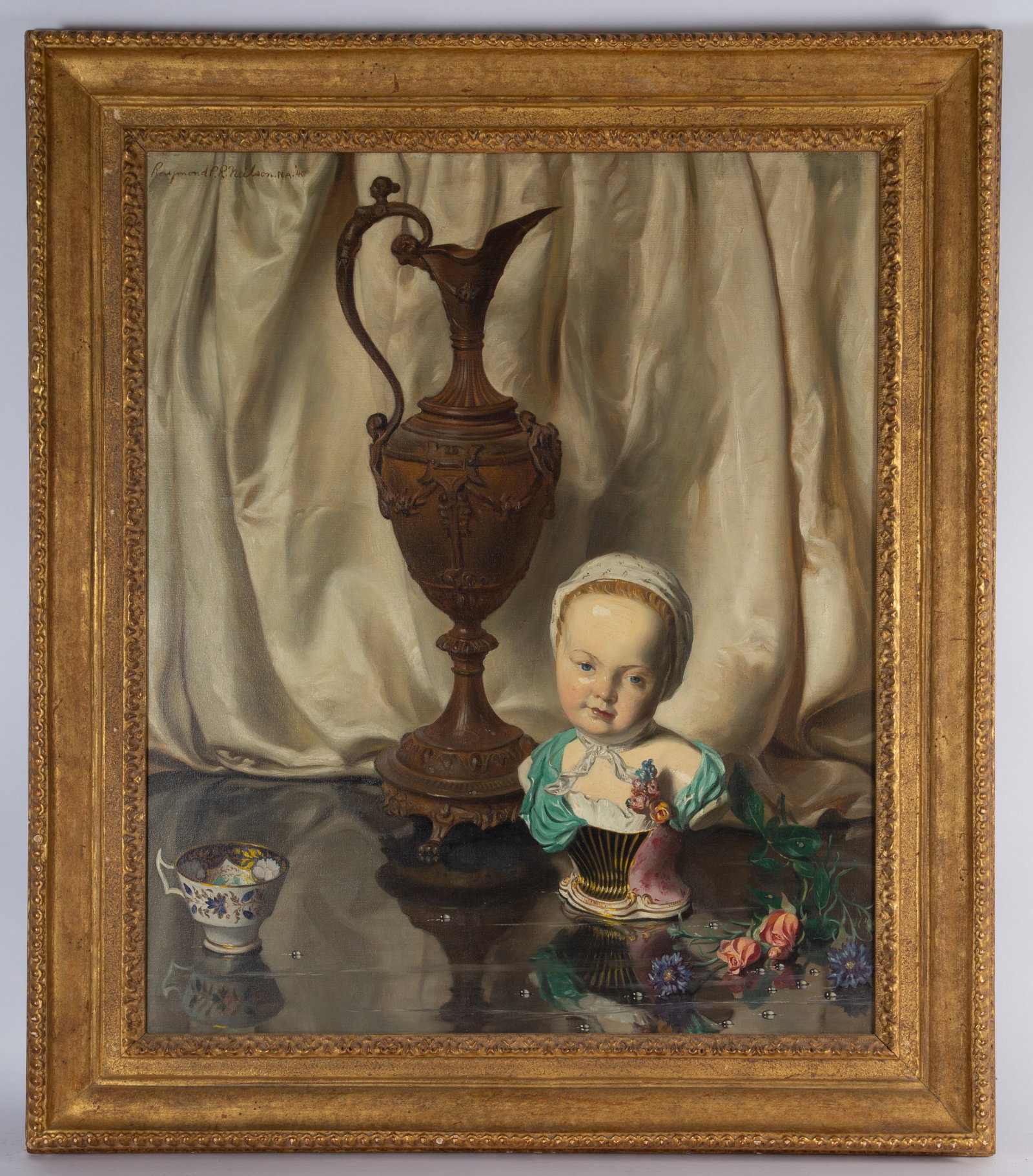 RAYMOND P. R. NEILSON STILL LIFE: "The Little Lady and the Urn" on reverse; oil on canvas; 1940's various dates front and back; signed upper left; normal wear; framed, 30" x 25", VG