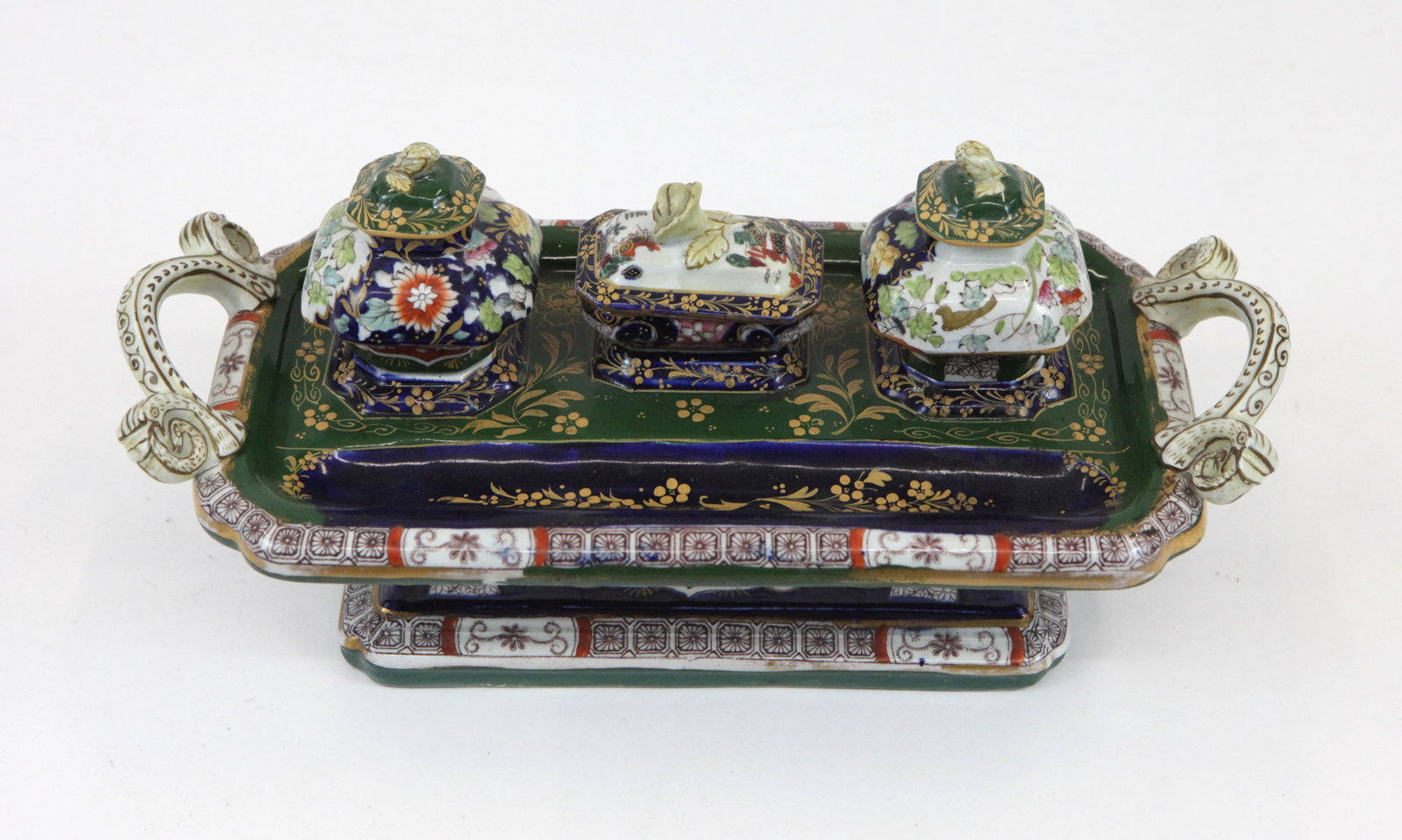 MASON'S IRONSTONE INKSTAND: Handpainted, three piece with lids; normal wear; some paint loss; 3 1/2" x 12", G-VG