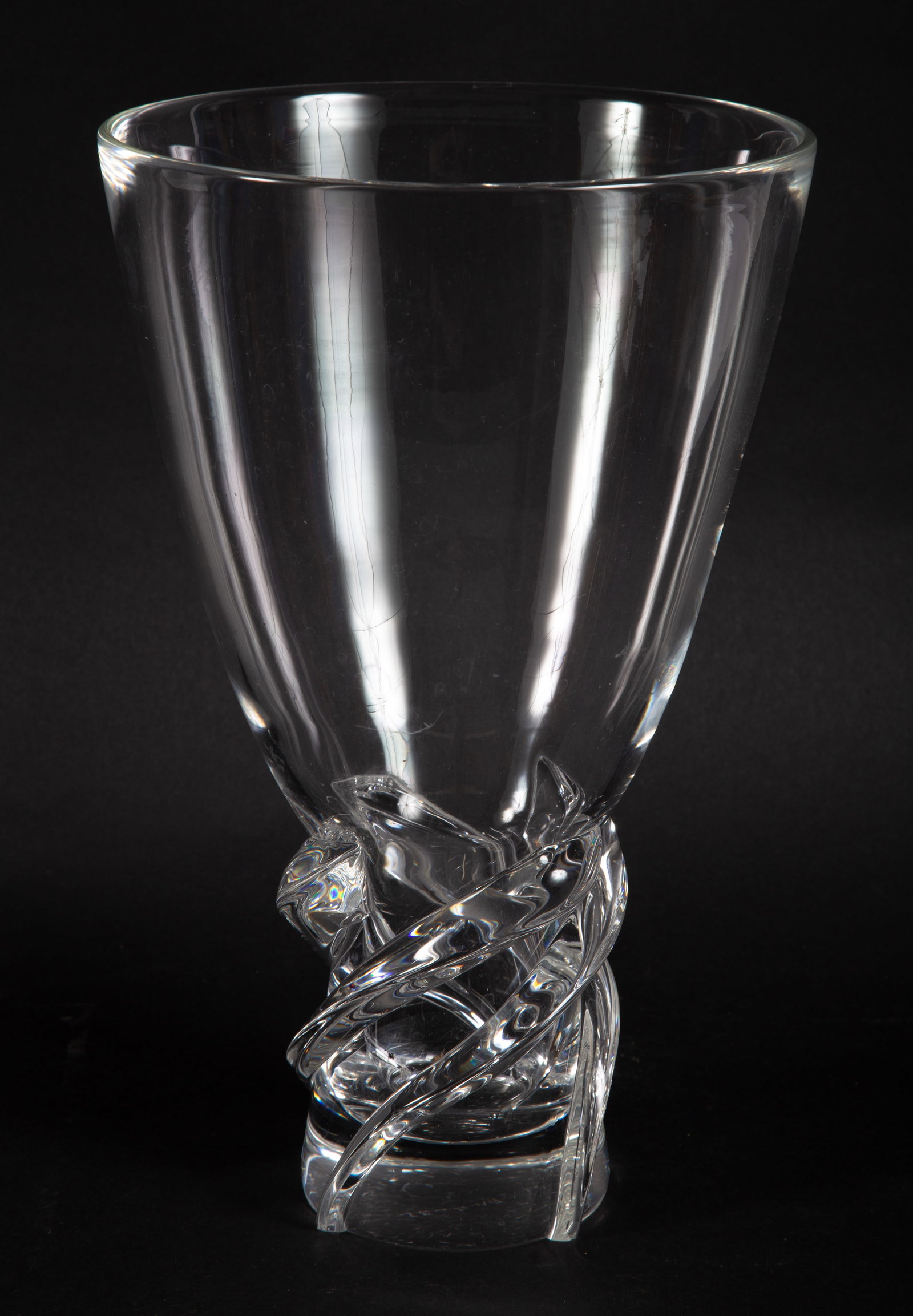 STEUBEN "WHIRLPOOL" VASE: Has box and cloth bag; (2) of applied swirls have minute flakes at base; H-11", Dia.-7", G-G+
