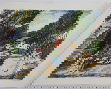LOUIS WOLCHONOK WATERCOLOR: Town scene watercolor and ink; normal wear; unframed; 14" x 18", VG-EX