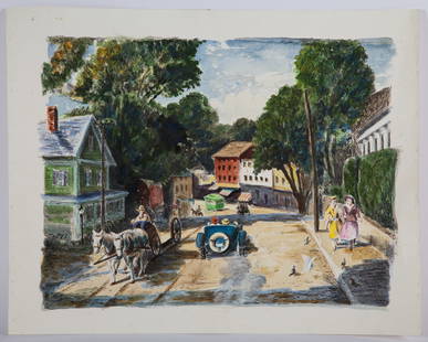 LOUIS WOLCHONOK WATERCOLOR: Town scene watercolor and ink; normal wear; unframed; 14" x 18", VG-EX