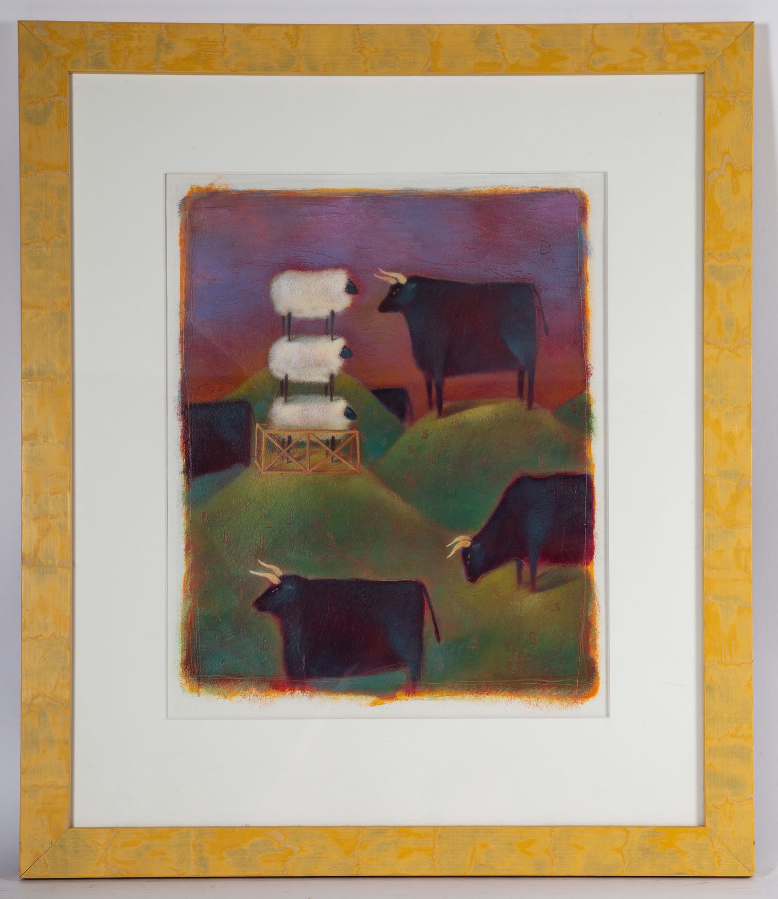 BRUNO PACIULLI STOCK MARKET ART: Oil on paper, #69 stock market; commissioned by Alex Brown Company ? 2000; matted and framed, 16 1/2" x 13 1/2", VG-EX