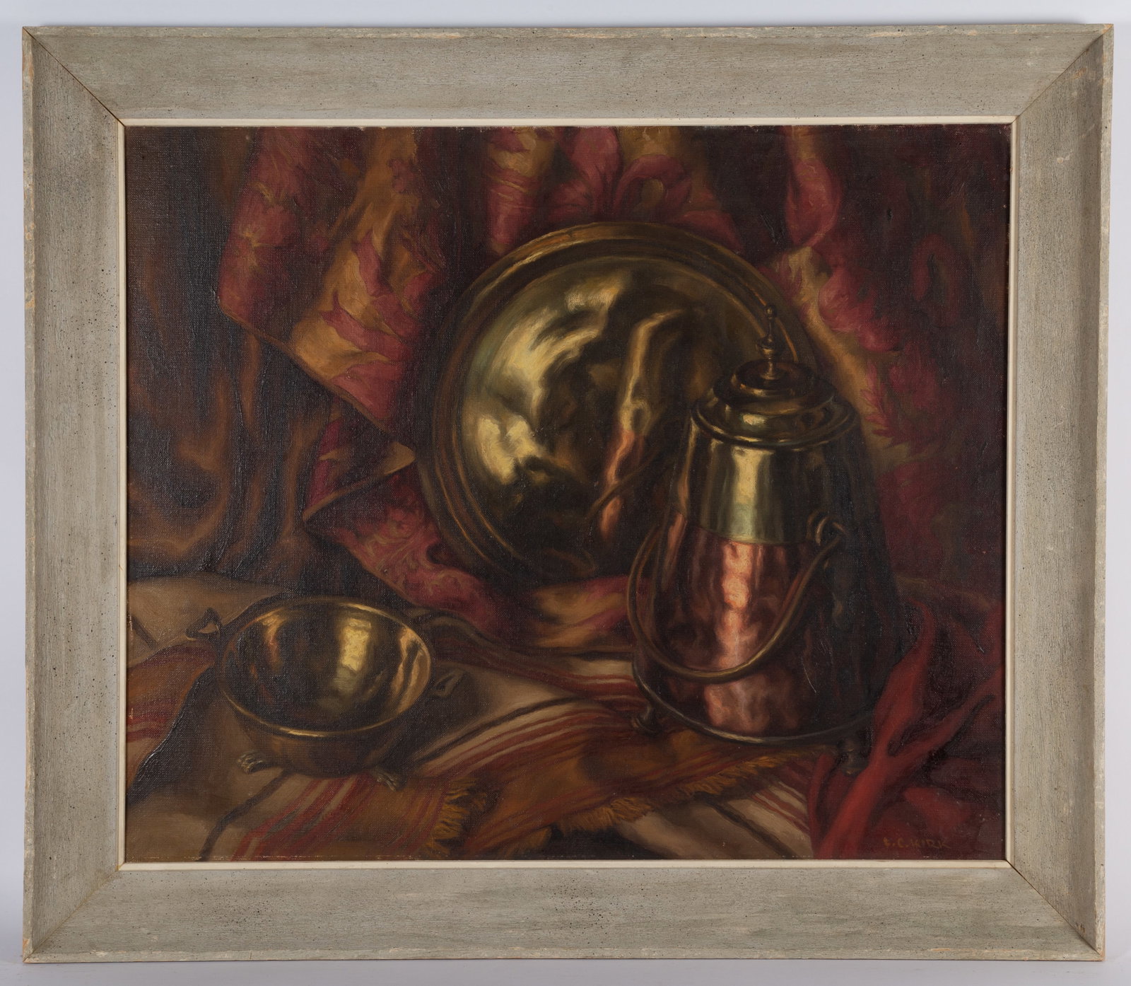 F. C. KIRK STILL LIFE PAINTING: Oil on canvas, copper and brass on fabric; signed lower right; normal wear; framed; 25" x 30", G-VG
