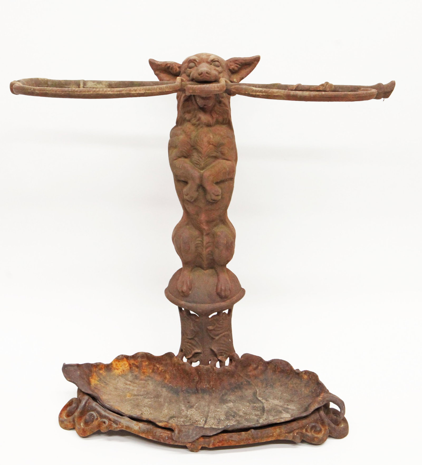 FOX UMBRELLA STAND: Cast iron; whip in fox's mouth; separate cast iron drip pan; rust; H-24", L-24", G