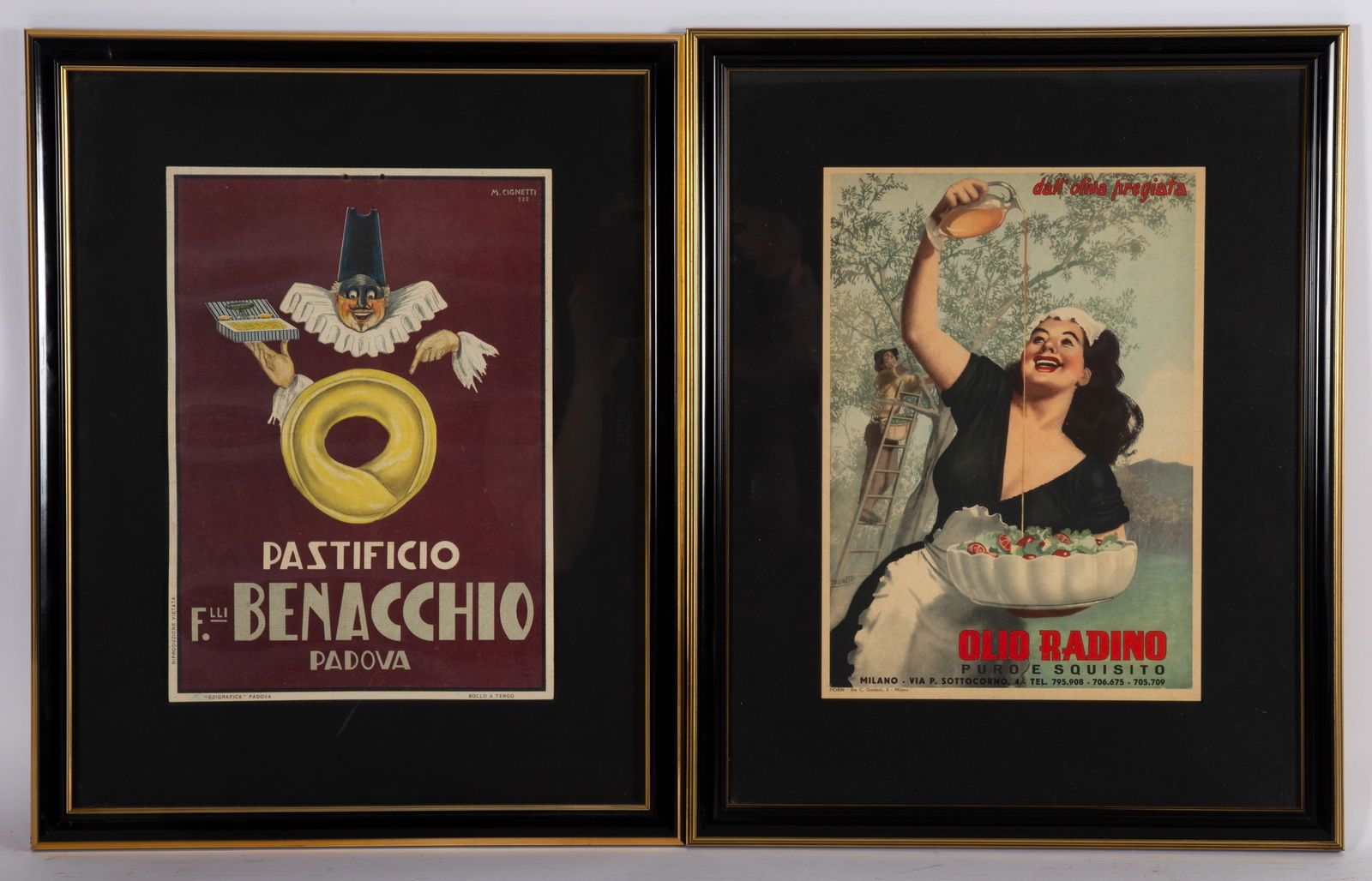 MINIATURE ITALIAN POSTERS (2): Litho cardboard; (1) Olio Radino Boccasile; (1) Pastificio Benacchio - M. Cignetti; normal wear; matted and framed, 13" x 9", VG