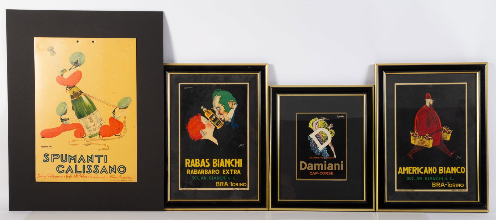 (4) MINIATURE WINE POSTERS: (1) Dimiani; framed; (1) American Bianco; riproduzione; framed; (1) Rabas Bianchi ____"; framed; (1) Spumanti Calissano; unframed; normal wear; largest- 13" x 9 1/2"; VG