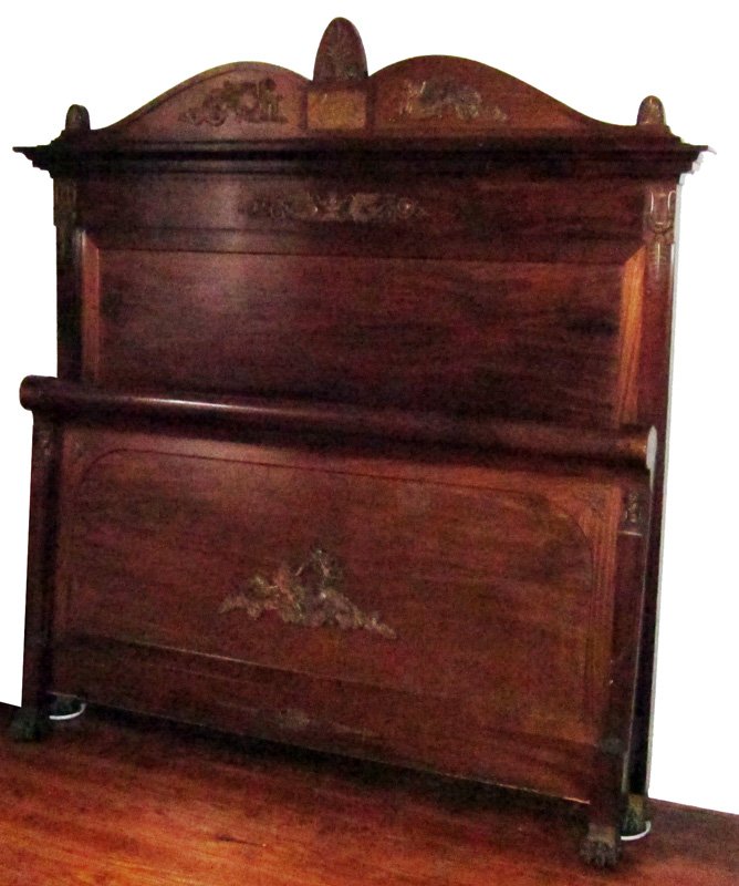 FRENCH EMPIRE BEDROOM SUITE: (6) Pieces; mahogany and bronze ormolu; marble tops; includes: bed, marble top chest, armoire; nightstand; (2) chairs; chest H-98", W-51"; armoire H-108", W-64"; Bed L-55", G-VG