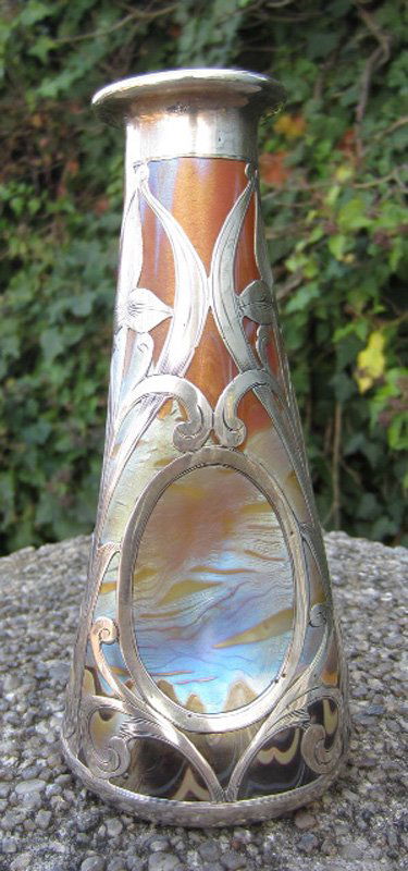 LOETZ ART NOUVEAU VASE with SILVER OVERLAY: Circa 1900, designed by Franz Hofstedter; silver overlay marked Sterling Silver Deposit. H-6", EX