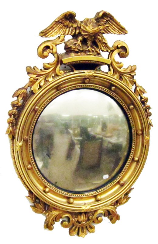FEDERAL STYLE MIRROR: Convex mirror with gilt eagle drapery; mirror flaking and discolored; H-38", G