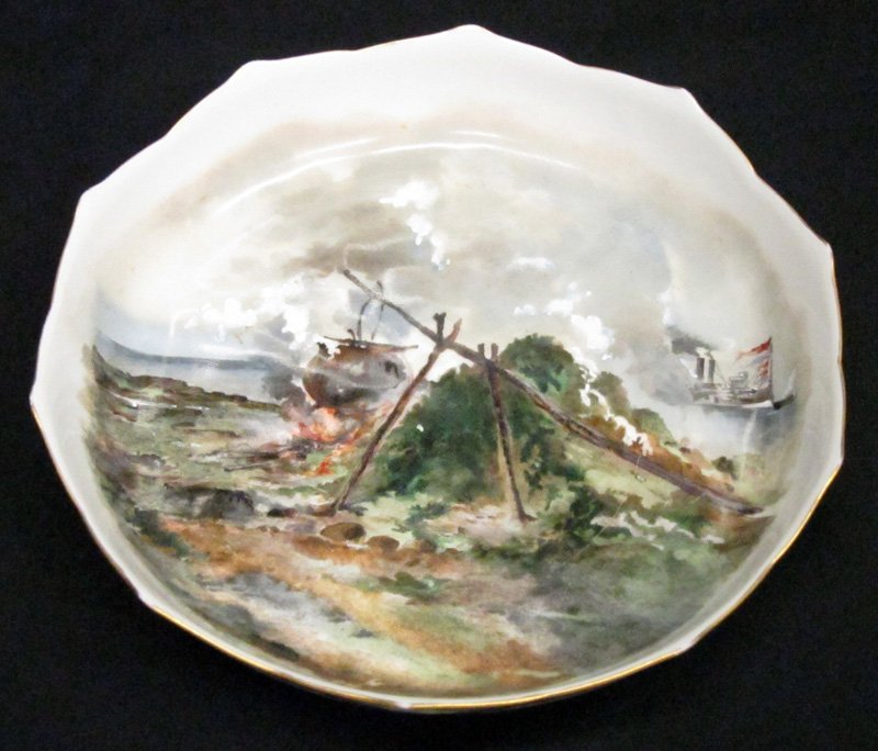 HANDPAINTED NAVAL SCENE with PRESIDENTIAL SEAL: Limoges, Theo R. Davis; patented August 10, 188_ - #11933; Dia.-9", G-VG