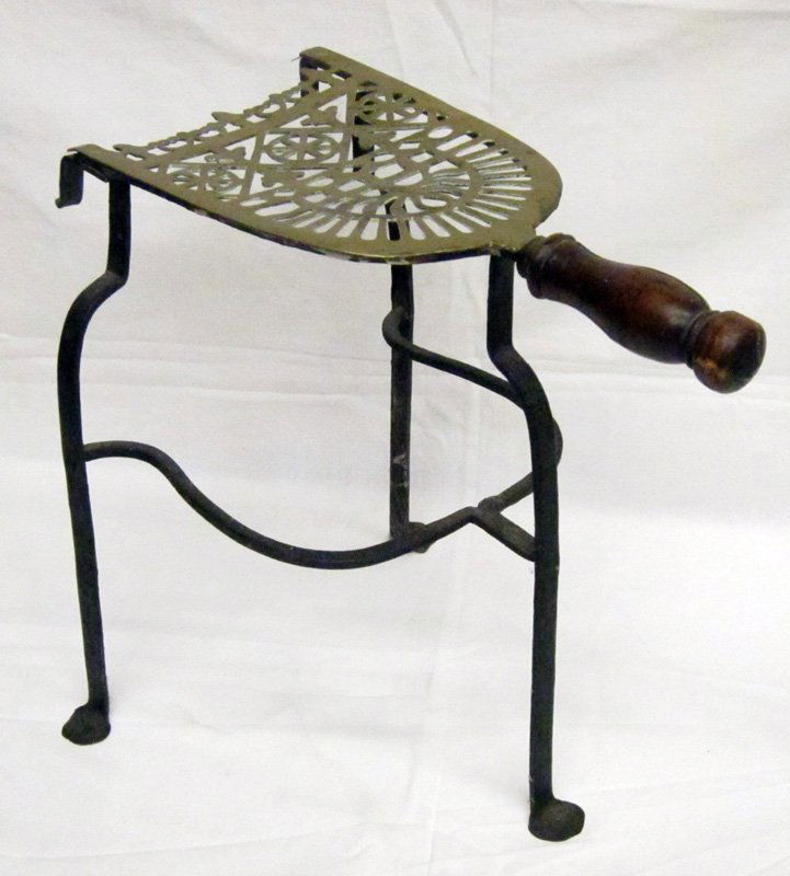 BRASS & IRON KETTLE TRIVET: Antique, wood handle split; H-12", G