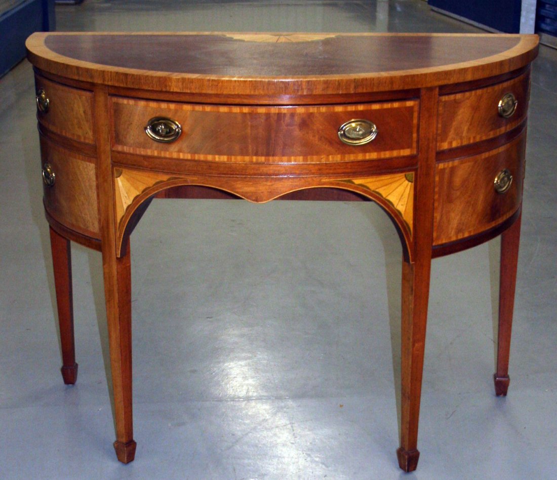 PAIR BAKER HEPPLEWHITE COMMODES: Mahogany with shell, band inlay; spade feet; minor wear and scratches; H-34", W-45", G-VG