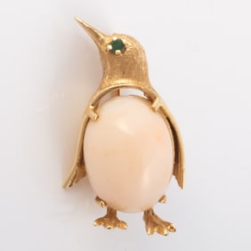 14K GOLD & CORAL PENGUIN PIN