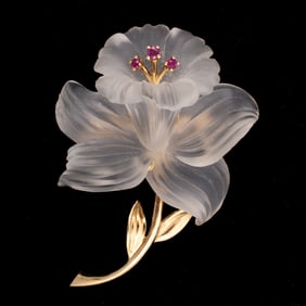 14K GOLD, GLASS & RUBY BROOCH