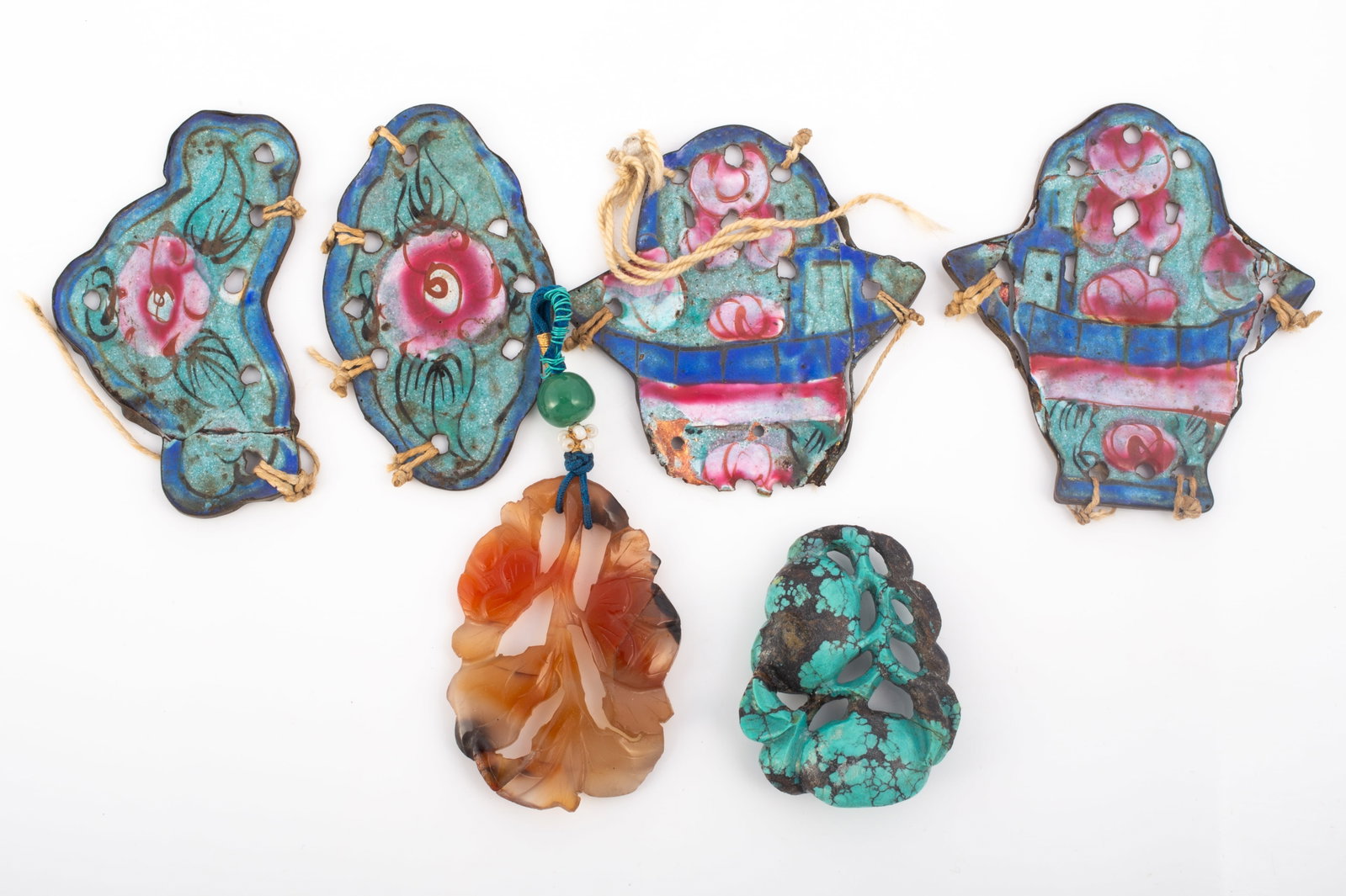 (6) CHINESE DROPS: (4) Porcelain enamel with wire frames; (1) carved jade; (1) carved turquoise; three of the four porcelain enameled drops have breaks; L-2"-3 1/2", G-VG
