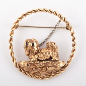 14K GOLD PEKINGESE CIRCLE BROOCH
