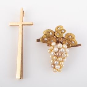 (2) PCS. 14K GOLD CROSS & BROOCH