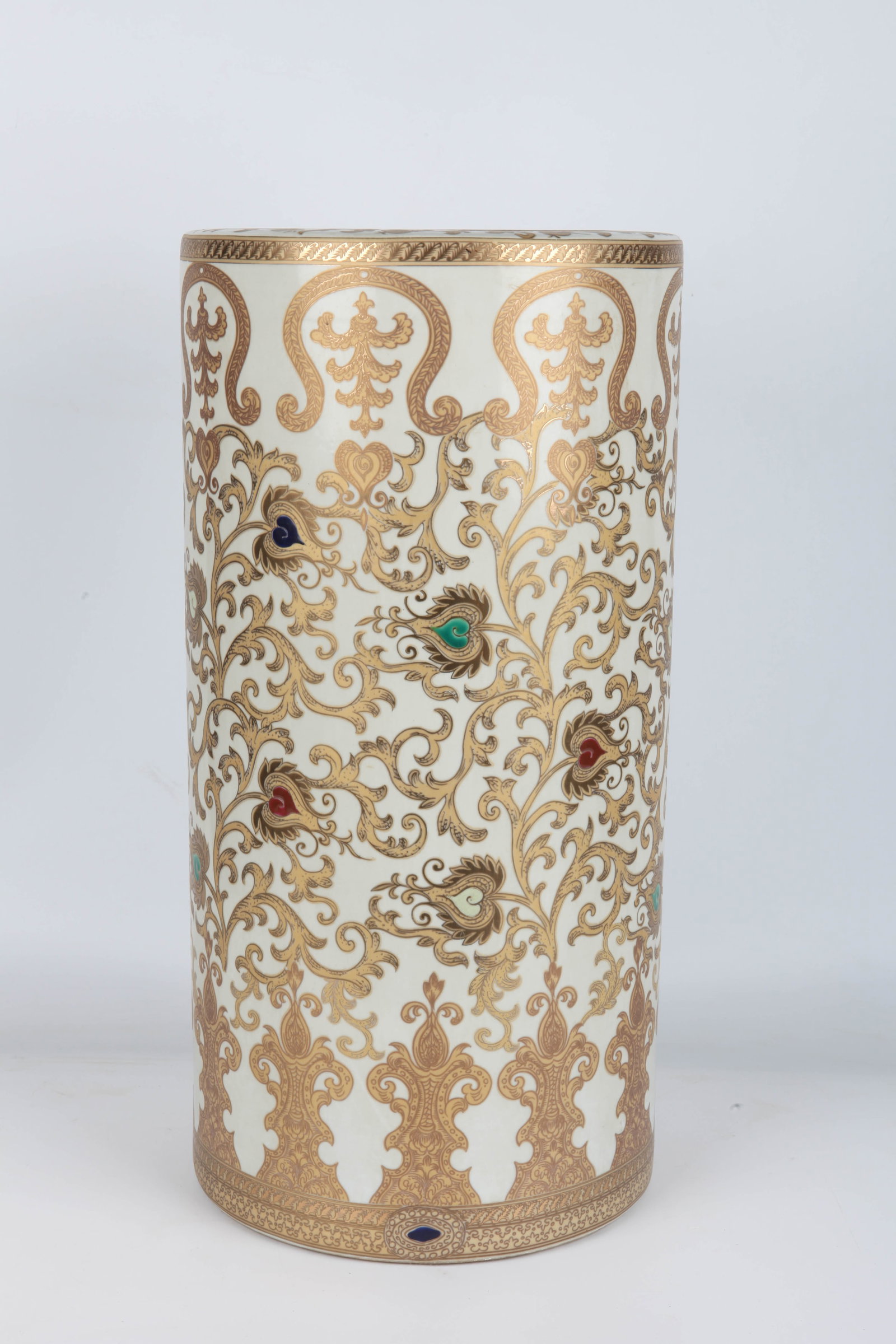 UMBRELLA STAND: Painted porcelain with enameled leaves, normal wear; H-18", VG