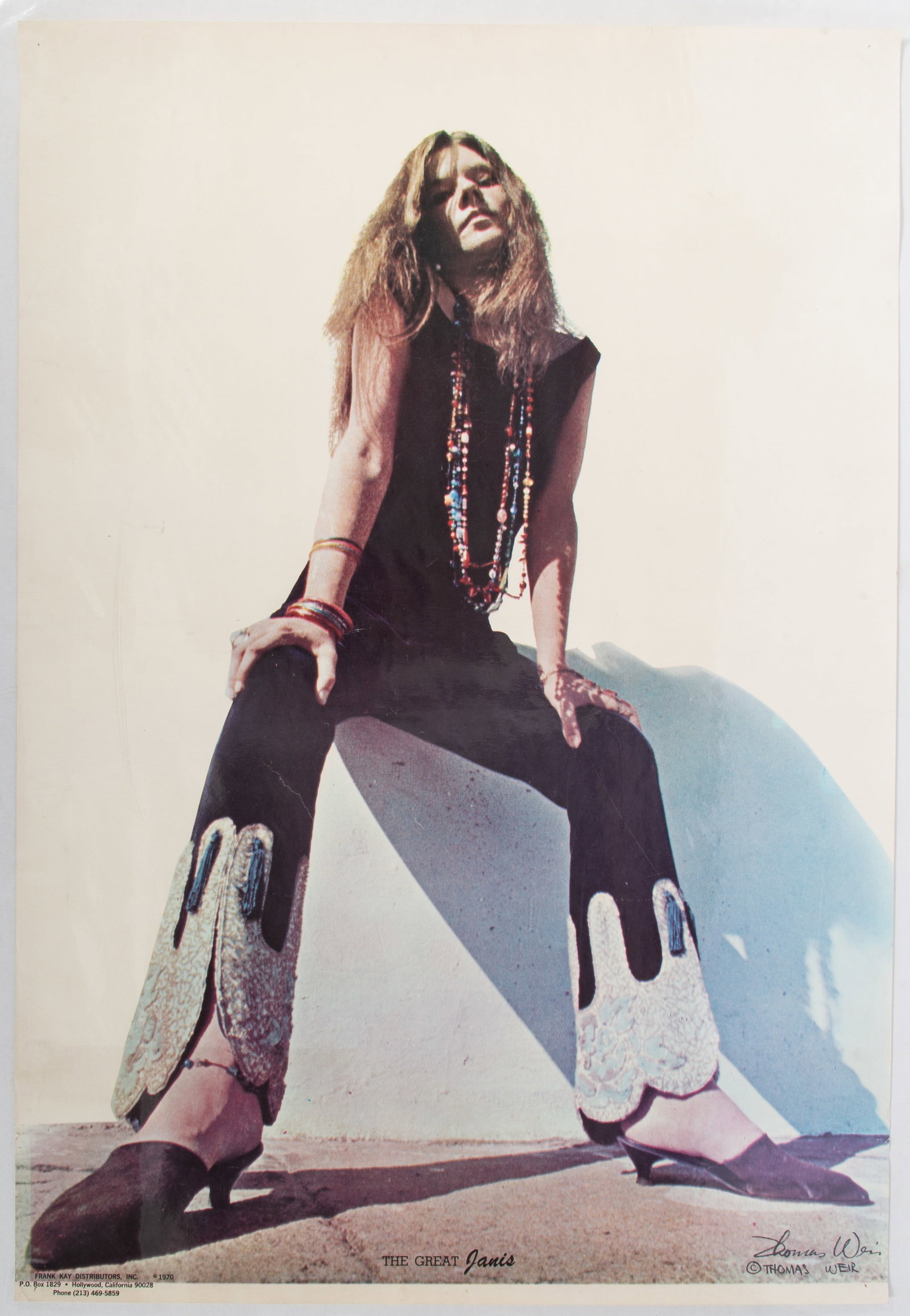 VINTAGE JANIS JOPLIN POSTER: "The Great Janis" poster, 1970; artist: Thoms Weir; private local collection of rock & roll posters; pin holes in corners; 31 1/4" x 22 1/2", VG
