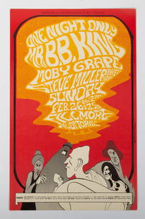1967 B. B. KING POSTER - BG52: B. B. King, Moby Grape, Bill Graham, BG52; artist Steve Miller; private local collection of rock & roll posters; near mint condition; 22 1/4" x 13 3/4", NM