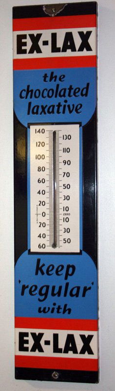 EX-LAX PORCELAIN THERMOMETER: Large chip at upper mounting hold; small chip at lower mounting hole; 36" x 8", VG
