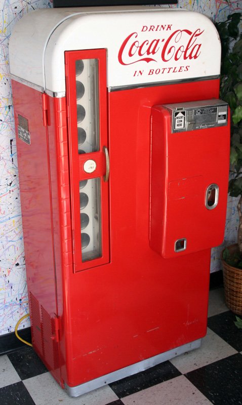 COCA-COLA VENDO VENDING MACHINE: Model 81D - VT1D; serial #70627288; brass San Diego Coca-Cola label; normal wear; dent on top right door; H-58", W-28", G-VG