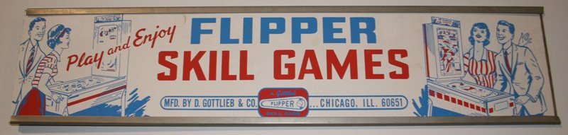 GOTTLIEB PINBALL SIGN: Original, litho cardboard strip in aluminum frame, no brackets; 6" x 26", NM-M