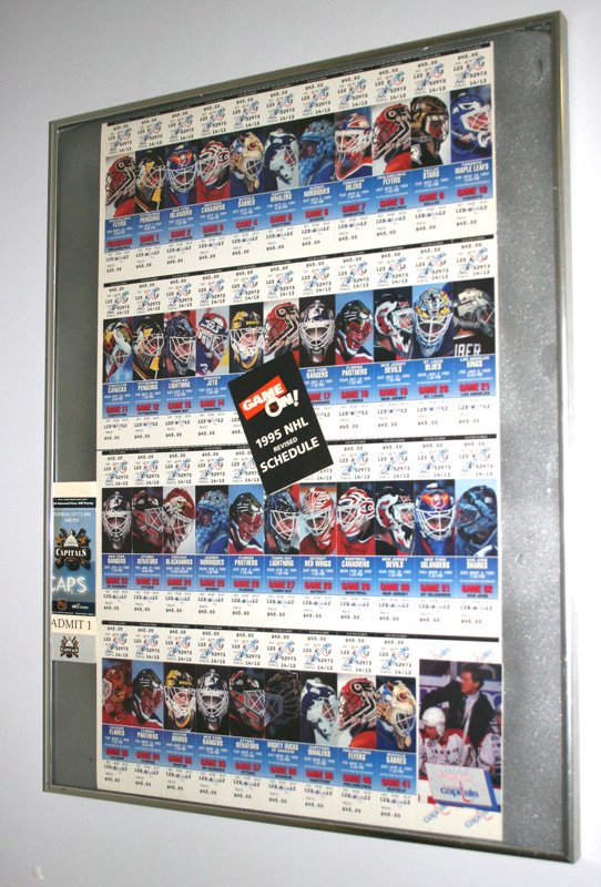 1994-1995 CAPITALS HOCKEY TICKETS: Uncut full set; (2) Face-off tickets; framed; together with a second set of framed hockey tickets; 22" x 13", VG-EX