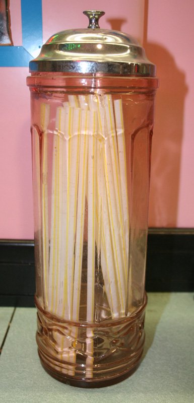 STRAW HOLDER: Pink glass with metal top; H-11 1/2", VG-EX